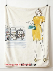 Miu Miu Yellow Dress & Turquoise Bag Fashion Sketch Print Flannel Throw Blanket IMG_0599